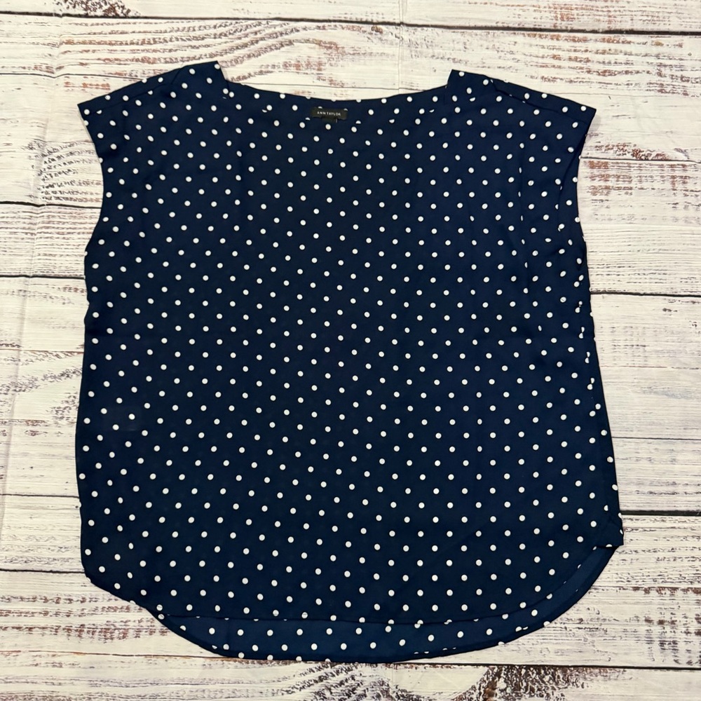 Ann Taylor Navy and White Polka dot top